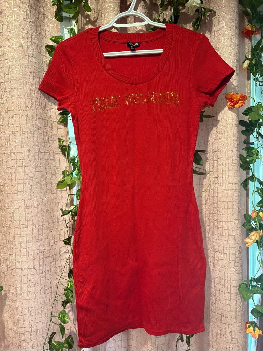 True Religion Red Midi Tee Dress with Gold Logo